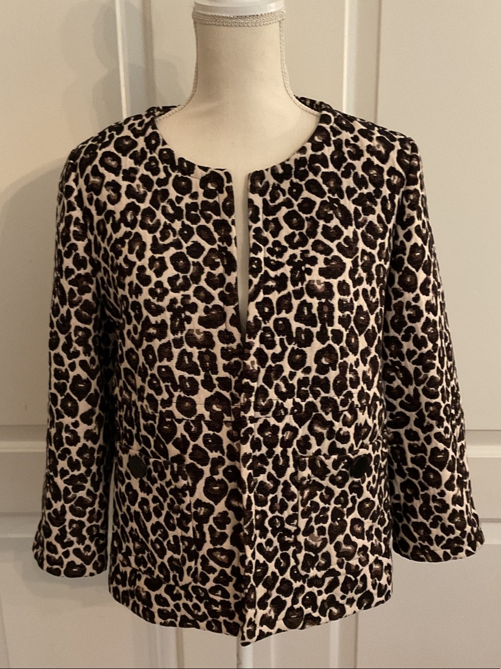 Chico's Leopard Print Round-Neck Blazer in Brown and Cream